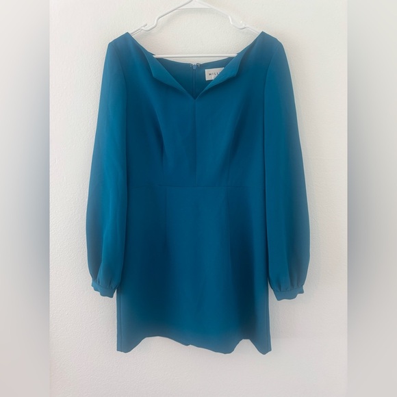 Milly Teal Long Sleeve Split Neck Mini Dress Puff Sleeve Cocktail Party Size 8 - Picture 1 of 12